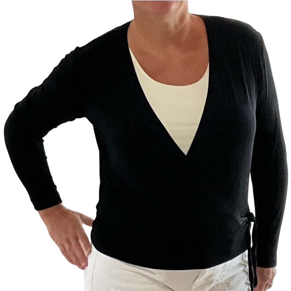 Chicos‎ Travelers Black Wrap Top Long Sleeve Tie Front Blouse Sz 2 L 12